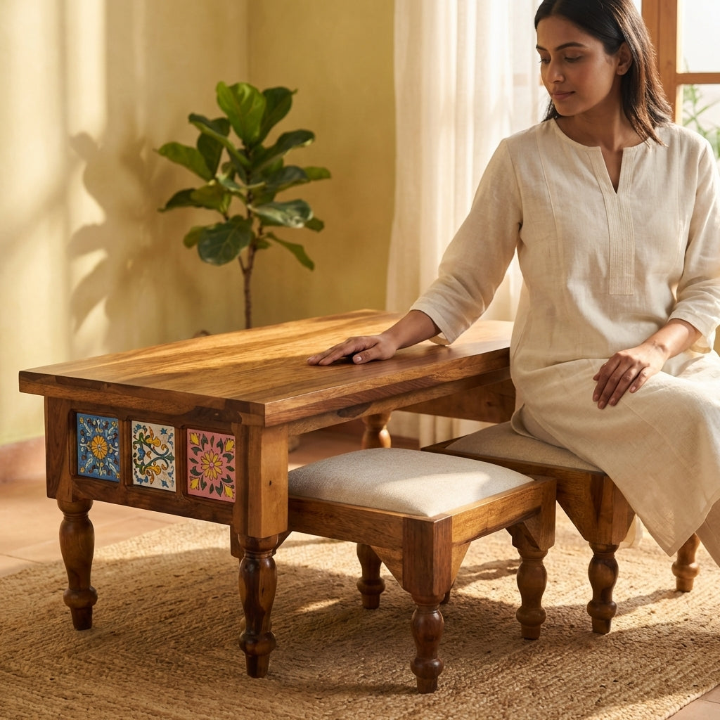 Handcrafted Solid Wood Coffee Table with Nested Stools And Ceramic Tile