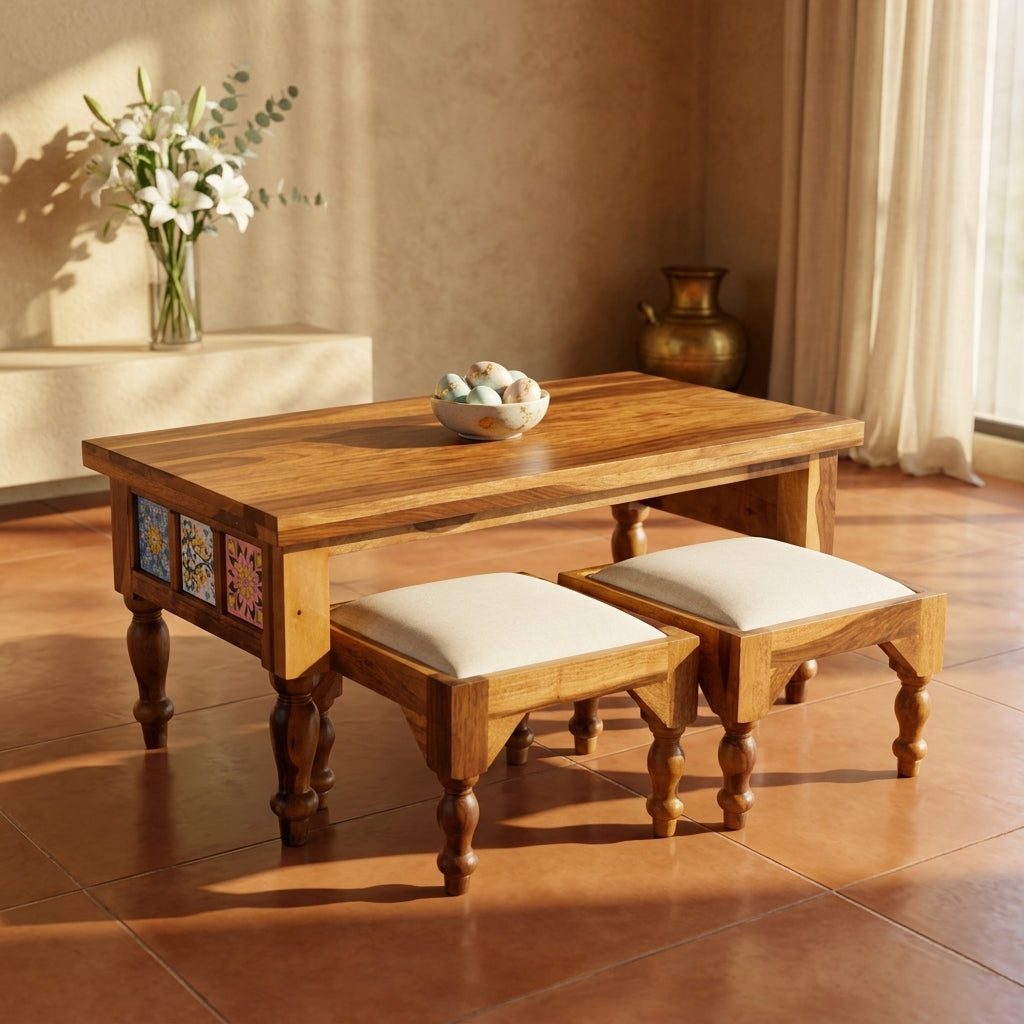 Handcrafted Solid Wood Coffee Table with Nested Stools And Ceramic Tile