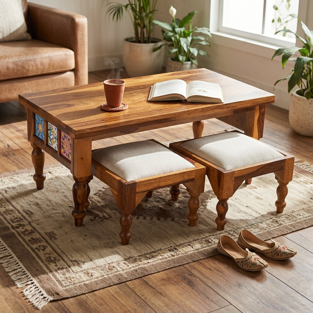 Handcrafted Solid Wood Coffee Table with Nested Stools And Ceramic Tile