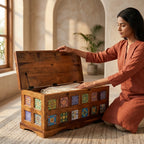 Handcrafted Solid Wood Center Table Siramika Trunk Box with Decorative Siramika Tile
