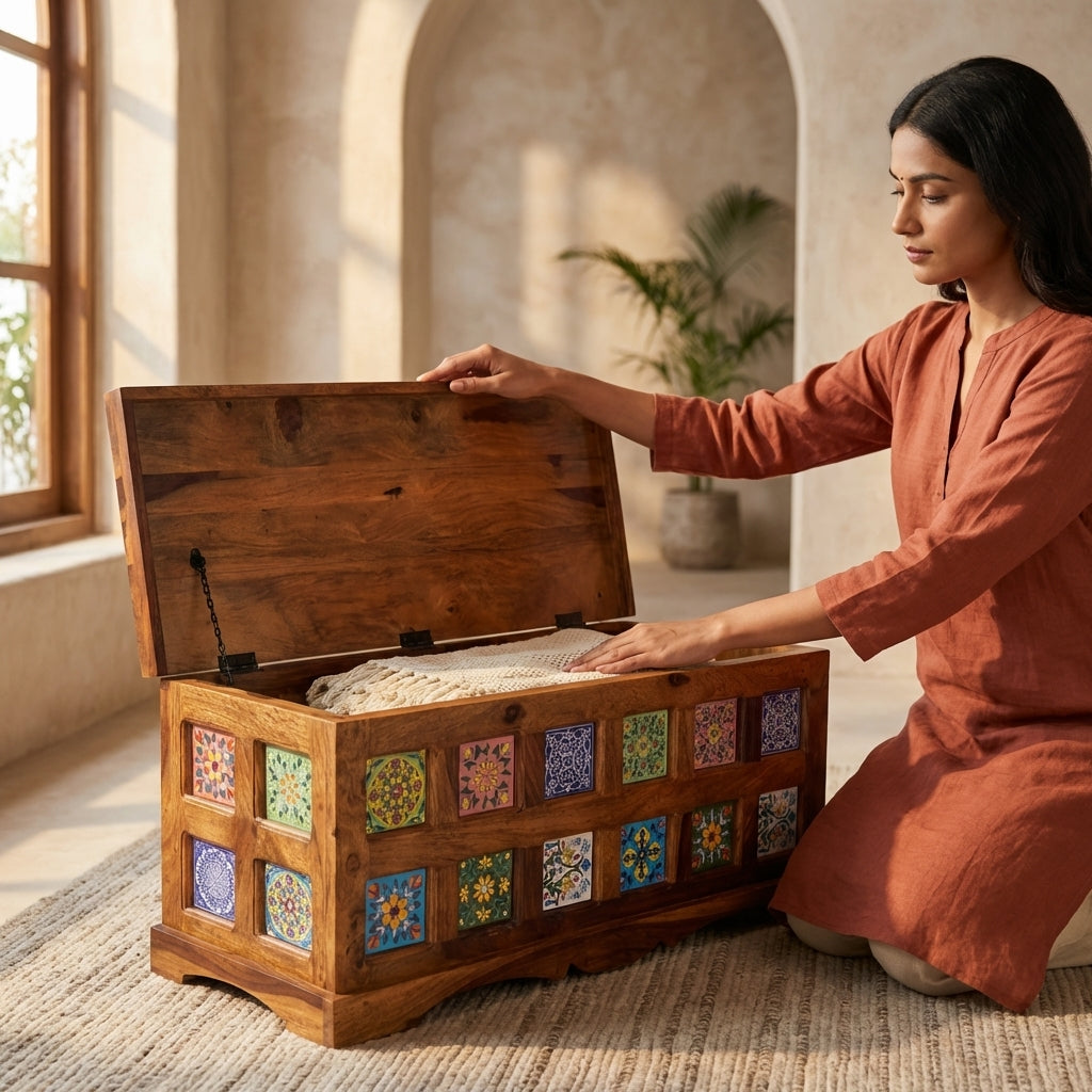 Handcrafted Solid Wood Storage Trunk with Decorative Ceramic Tile Accents