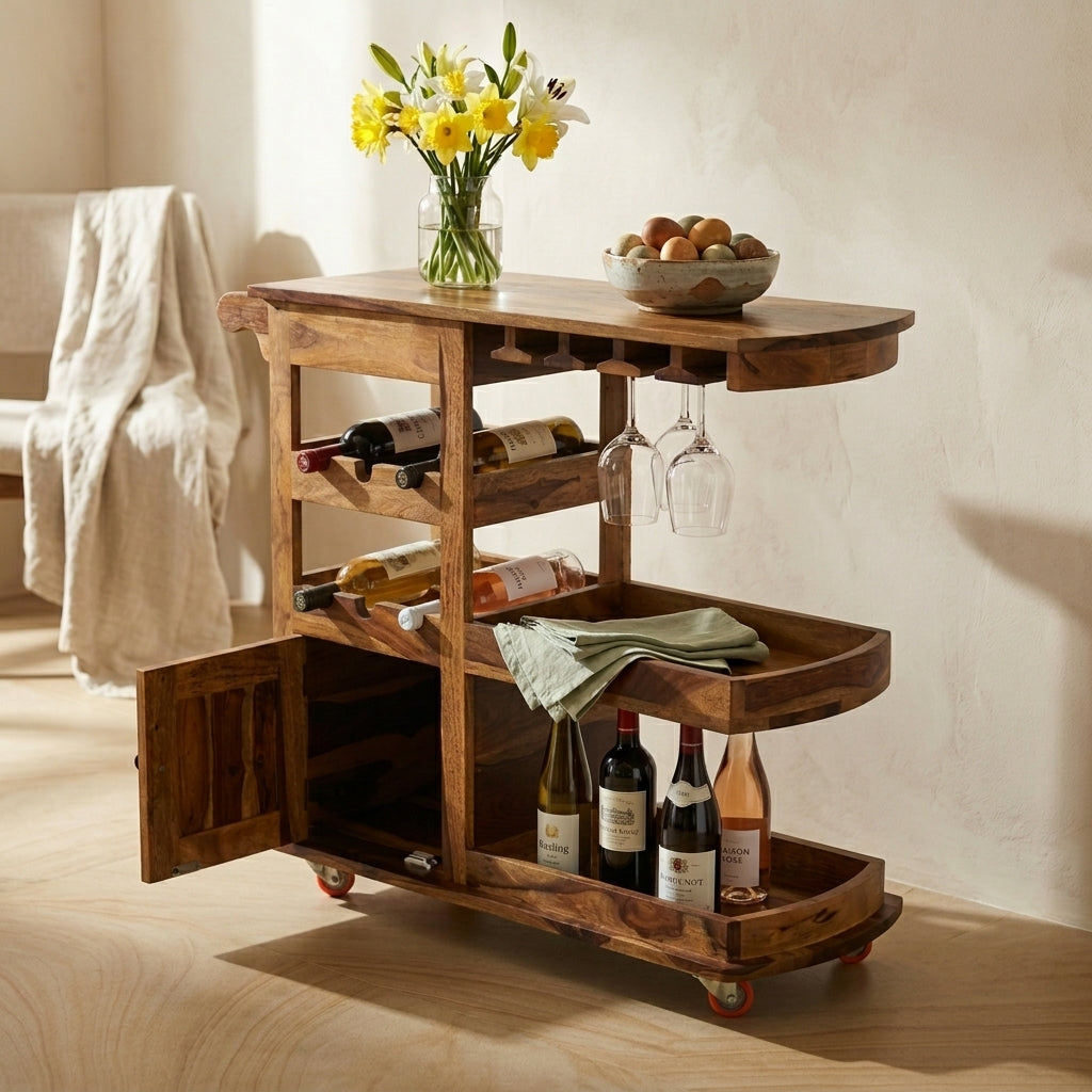 Handcrafted Solid Wood Bar Trolley with Wine Rack & Glass Holder