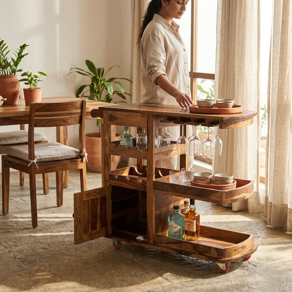 Handcrafted Solid Wood Bar Trolley with Wine Rack & Glass Holder