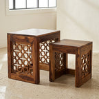 Solid Wood Stool Set Gulabo Set of 2 Stools With Flower Cutting Design