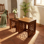 Solid Wood Stool Set Gulabo Set of 2 Stools With Flower Cutting Design