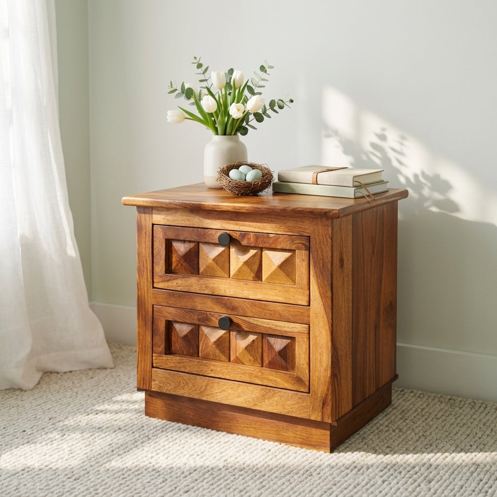 Solid Wood Diamond Cut Design Bedside Table