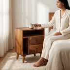 Solid Wood Bed Side Table With Smart Book Shelf Storage