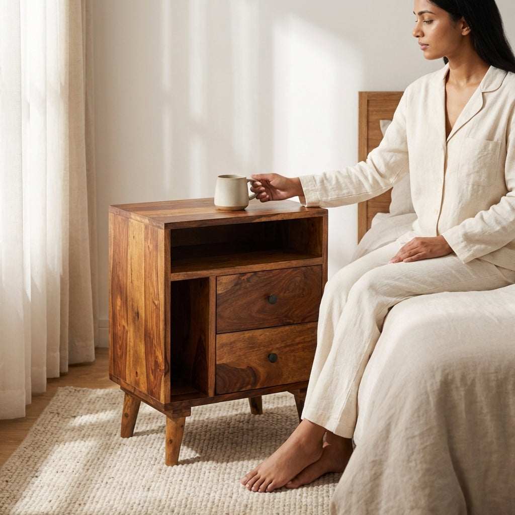 Solid Wood Bed Side Table With Smart Book Shelf Storage