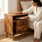 Solid Wood Bed Side Table With Smart Book Shelf Storage