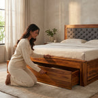 Head Cushion Solid Sheesham Wood Bed with Upholstered Cushion Headboard (HONEY FINISH)