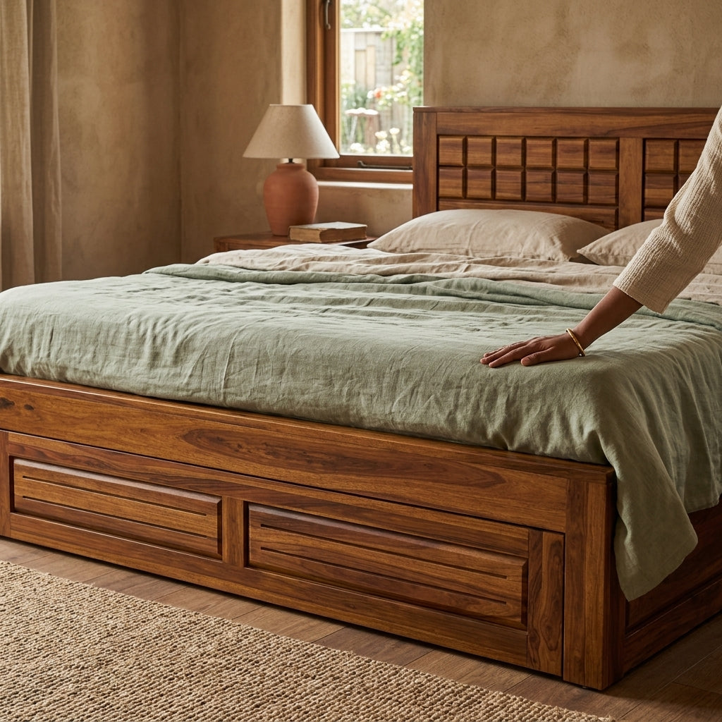 Wood Raw Solid Sheesham Wood Bed with Drawer Storage Design (HONEY FINISH)