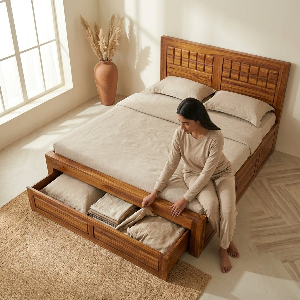 Wood Raw Solid Sheesham Wood Bed with Drawer Storage Design (HONEY FINISH)
