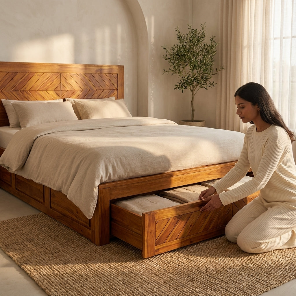 Squre cut king size Solid Sheesham Wood Bed with Drawer Storage