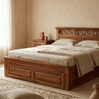 Classic Solid Sheesham Wood Bed with Traditional Carved Headboard Design and Drawer Storage