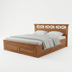 Classic Solid Sheesham Wood Bed with Traditional Carved Headboard Design and Drawer Storage
