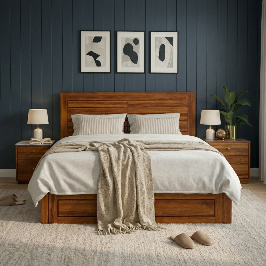 Amora Solid Sheesham Wood Bed with Modern Panel Headboard Design