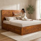 Squre cut king size Solid Sheesham Wood Bed with Drawer Storage