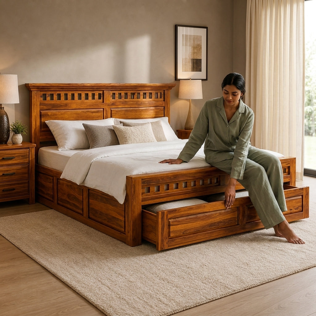 Kuber king size Solid Sheesham Wood Bed with Drawer Storage (HONEY FINISH)