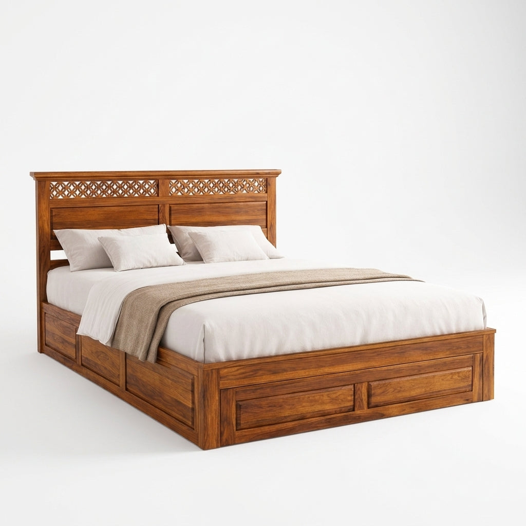 Wooden Flower Solid Sheesham Wood Bed with Floral Jaali Headboard Design