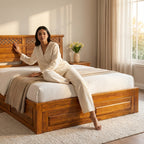 Wooden Flower Solid Sheesham Wood Bed with Floral Jaali Headboard Design