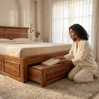 Wooden Flower Solid Sheesham Wood Bed with Floral Jaali Headboard Design