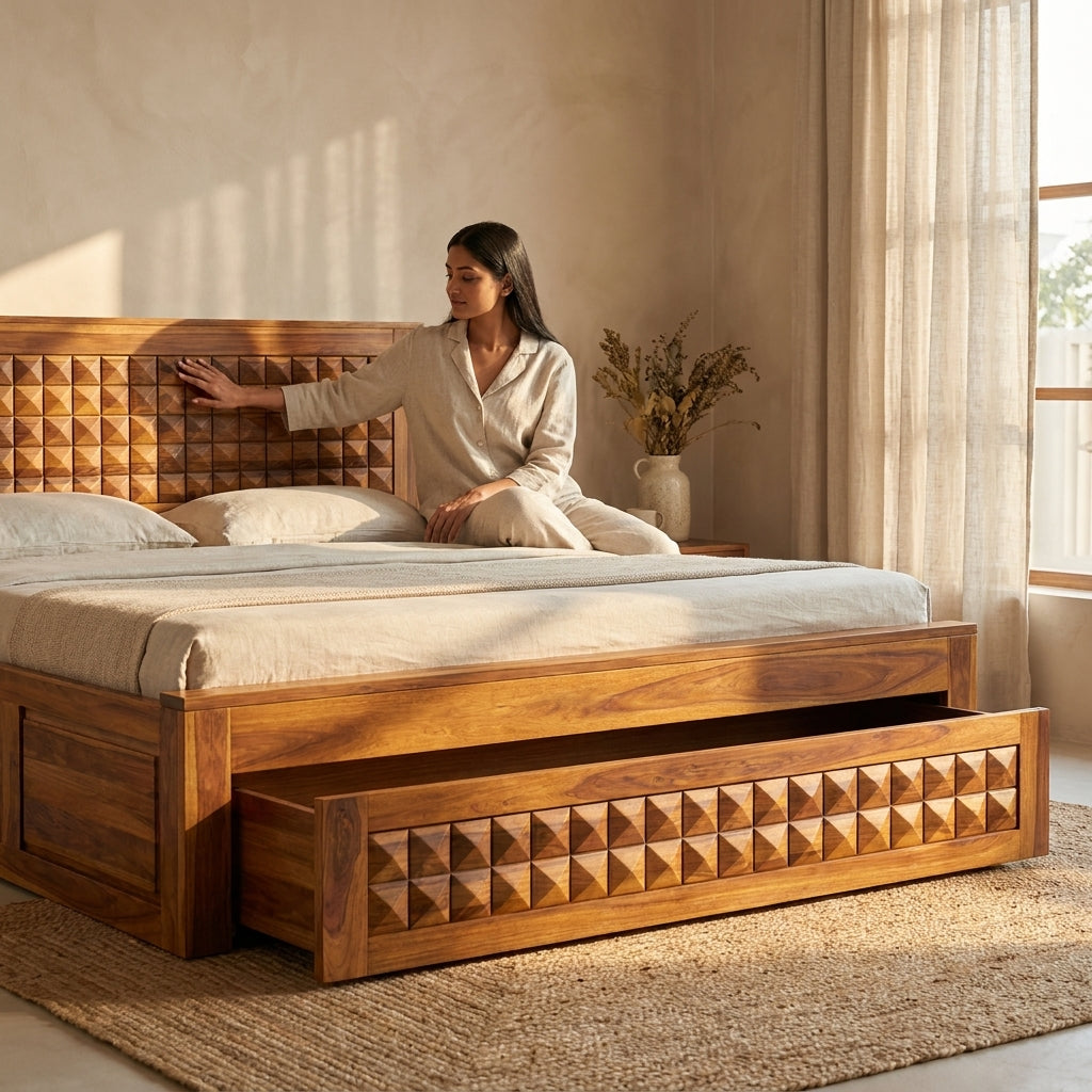 Diamond Solid Sheesham Wood Bed with Diamond Carved Headboard and Drawer Storage