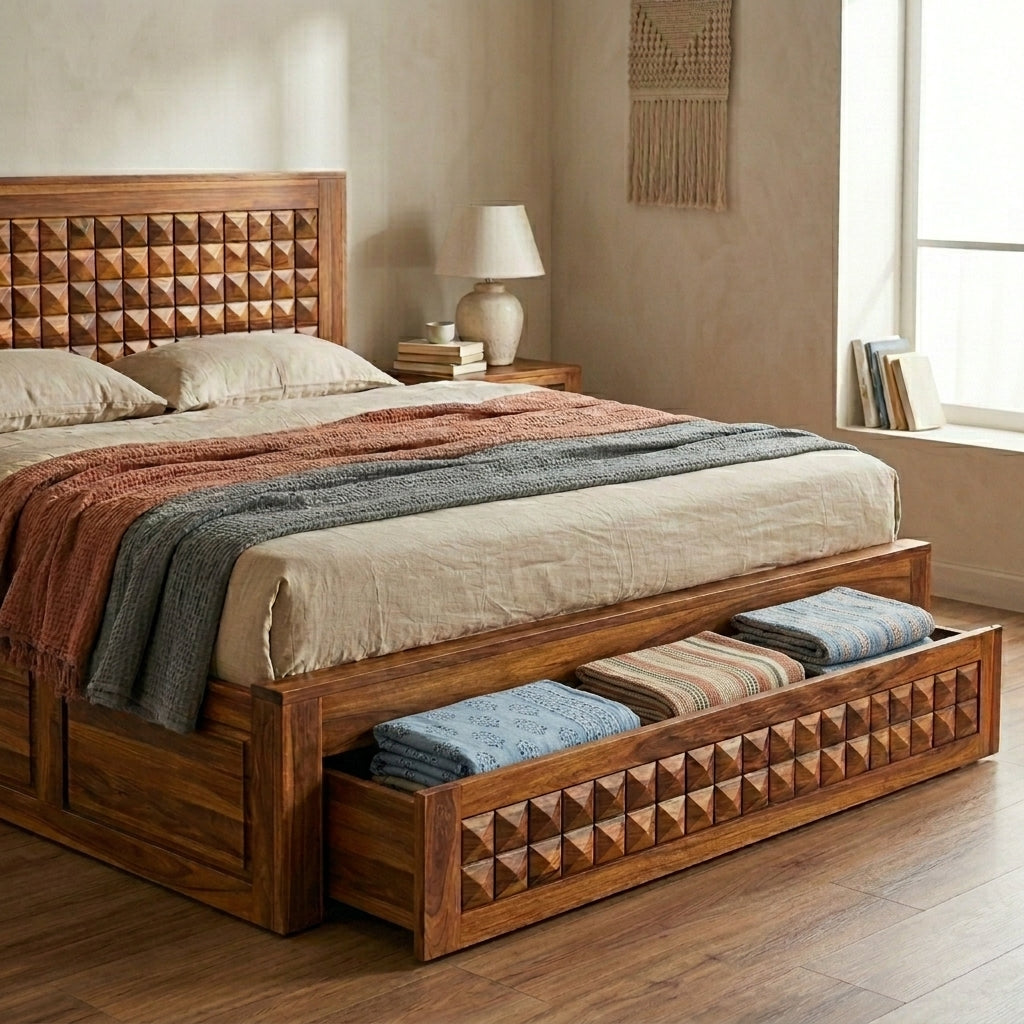 Diamond Solid Sheesham Wood Bed with Diamond Carved Headboard and Drawer Storage
