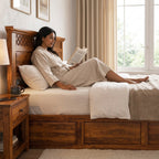 Wooden Flower Solid Sheesham Wood Bed with Floral Jaali Headboard Design