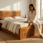 Pyramid Solid Sheesham Wood Bed with Pyramid Carved Headboard
