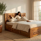 Pyramid Solid Sheesham Wood Bed with Pyramid Carved Headboard