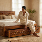 Pyramid Solid Sheesham Wood Bed with Pyramid Carved Headboard