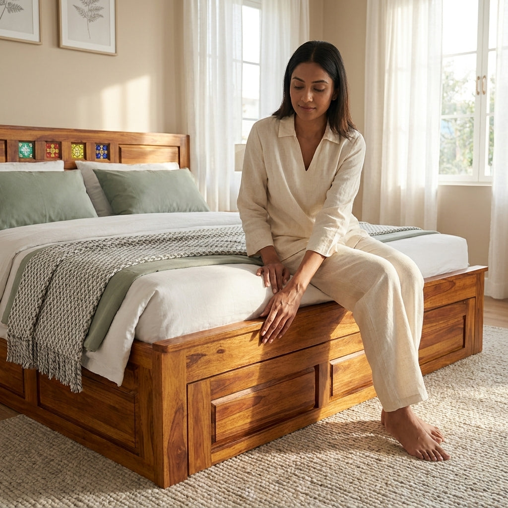 Bed Siramika – Solid Sheesham Wood Bed with Ceramic Tile Headboard Design