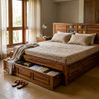 Bed Siramika – Solid Sheesham Wood Bed with Ceramic Tile Headboard Design
