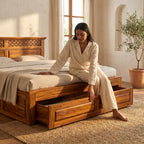 Wooden Flower Solid Sheesham Wood Bed with Floral Jaali Headboard Design