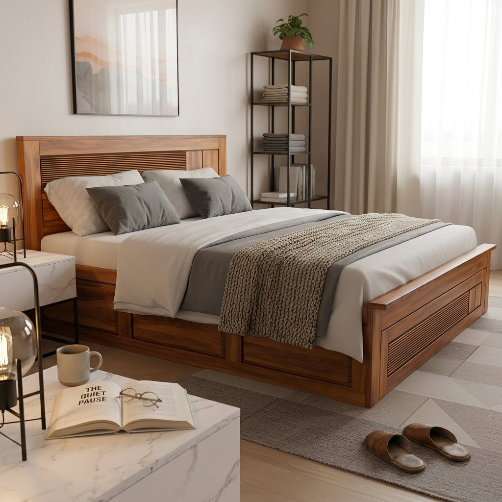 4 Squar Solid Sheesham Wood Bed with Modern Slatted Square Design and Drawer Storage