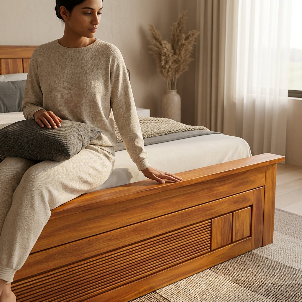 4 Squar Solid Sheesham Wood Bed with Modern Slatted Square Design and Drawer Storage