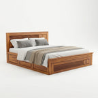 4 Squar Solid Sheesham Wood Bed with Modern Slatted Square Design and Drawer Storage