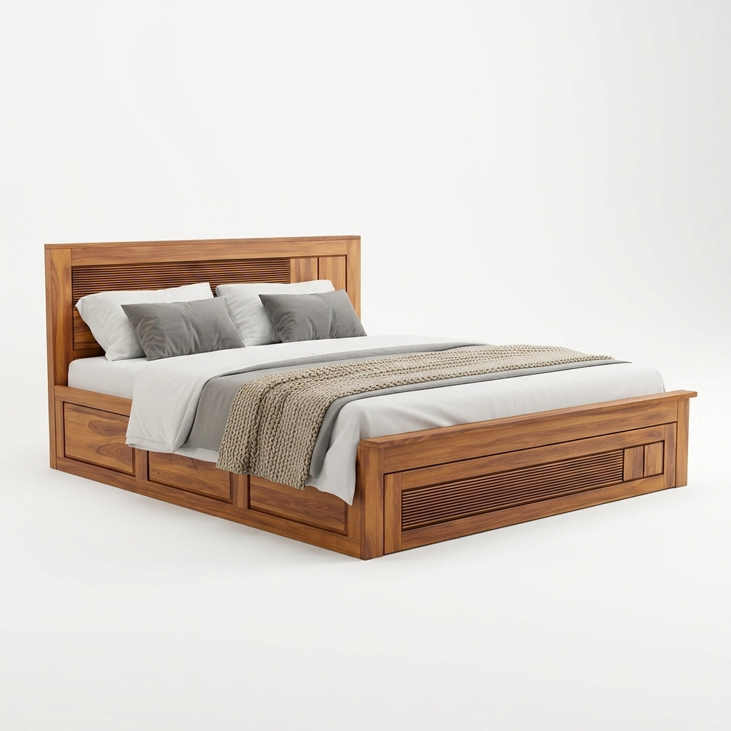 4 Squar Solid Sheesham Wood Bed with Modern Slatted Square Design and Drawer Storage