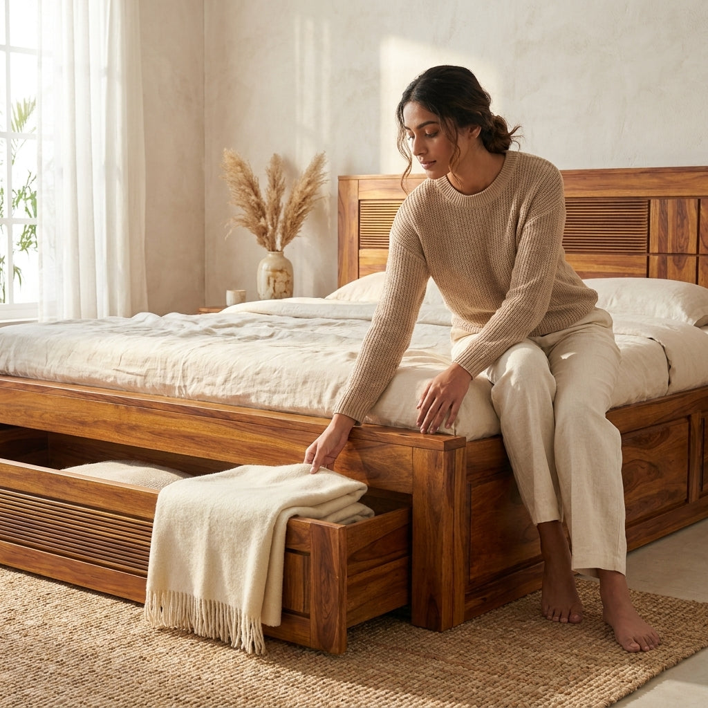 4 Squar Solid Sheesham Wood Bed with Modern Slatted Square Design and Drawer Storage