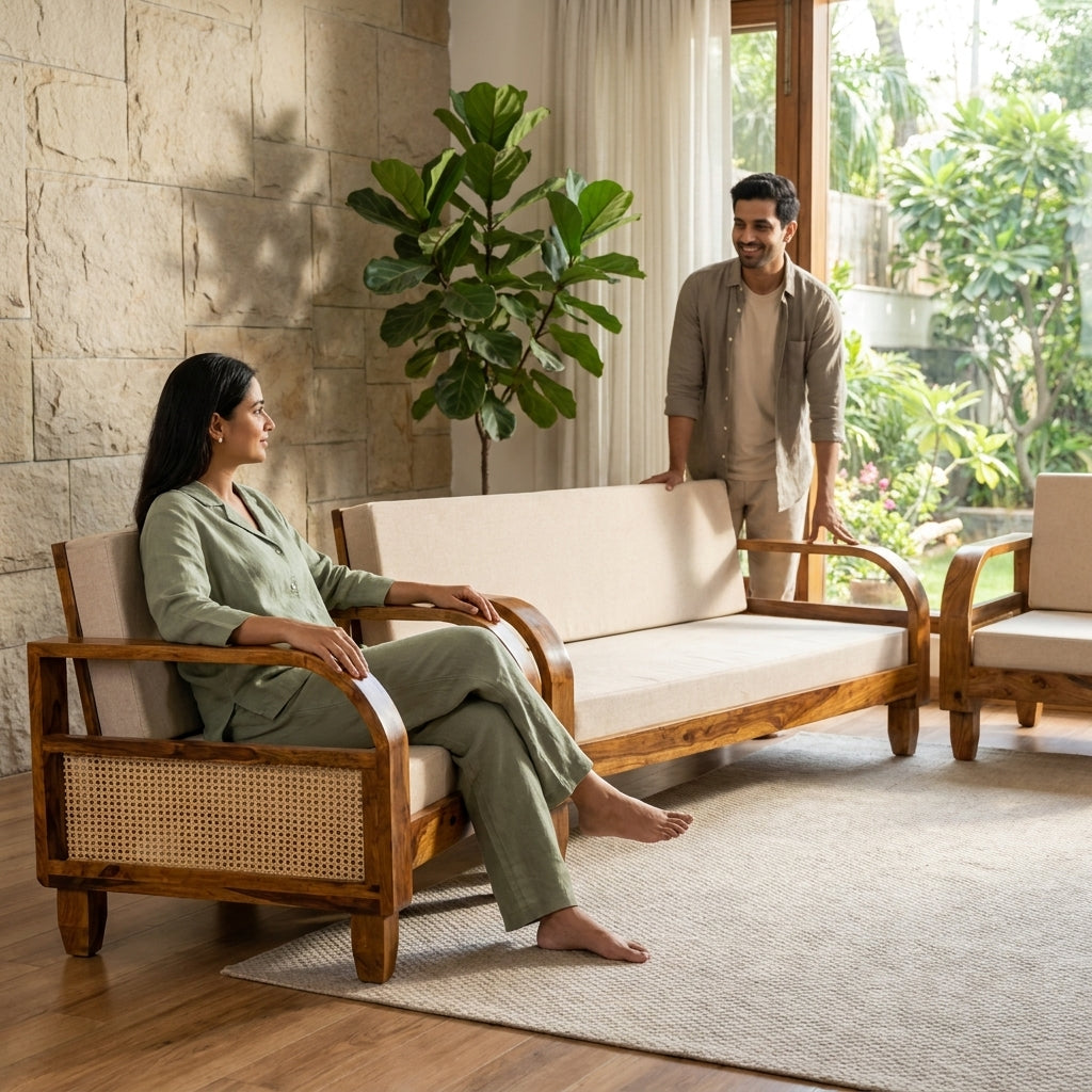 Sofa Set Rattan Solid Sheesham Wood 5 seater sofa set with Rattan Cane