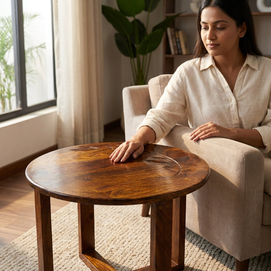 Round table solid sheesham wood table with flower design (Provincial teak finish)