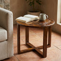 Round table solid sheesham wood table with flower design (Provincial teak finish)