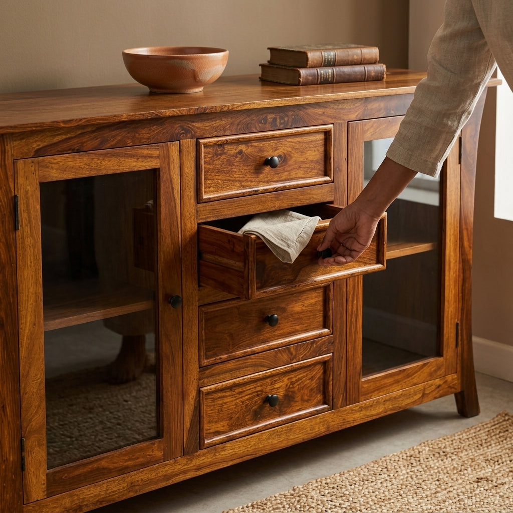 Udaipur Sideboard Solid wood sideboard with glass door (honey finish)