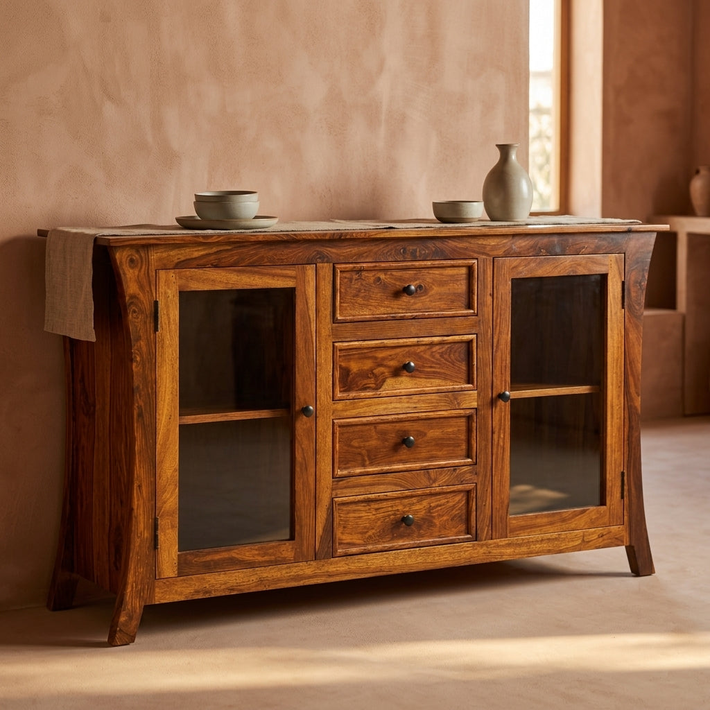 Udaipur Sideboard Solid wood sideboard with glass door (honey finish)