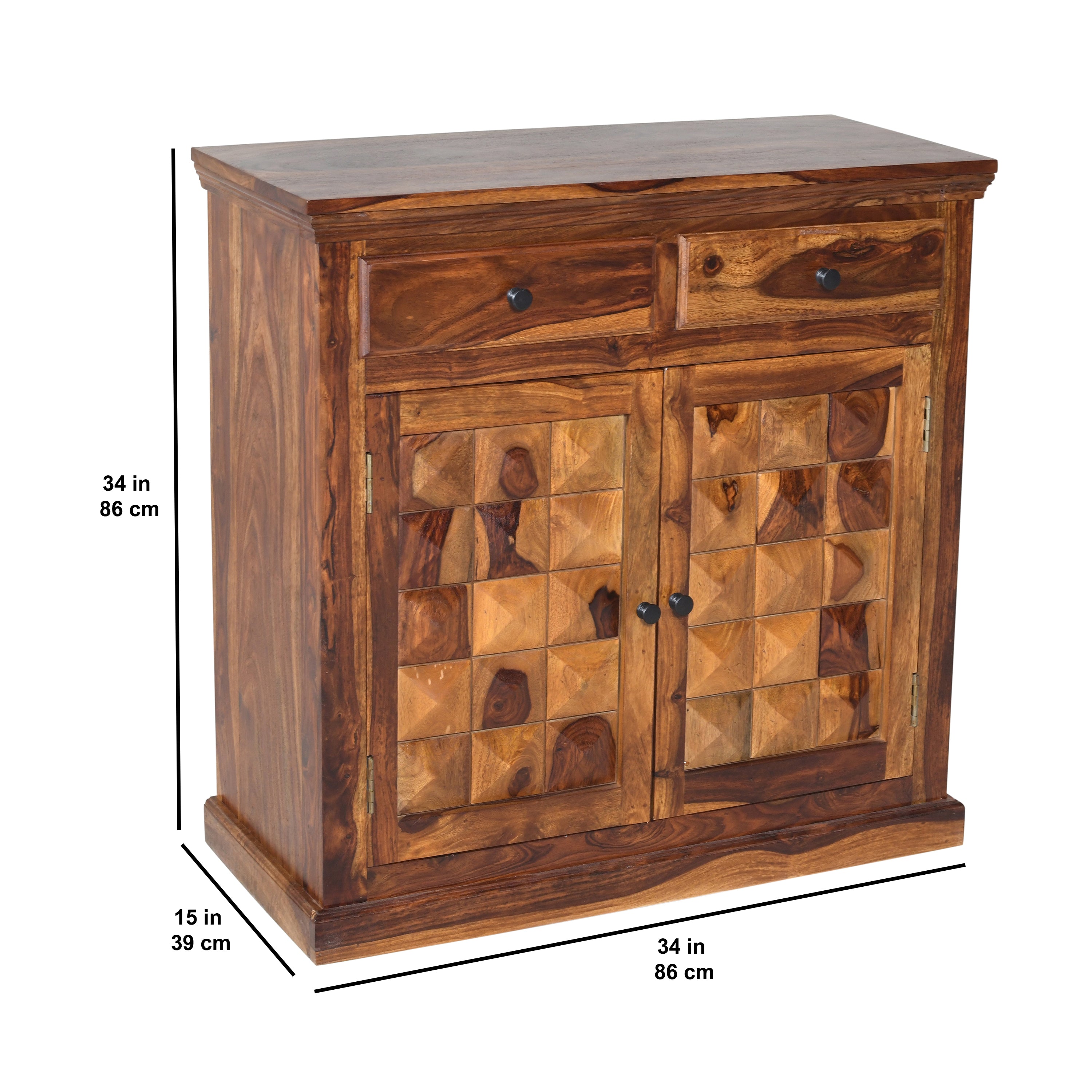Solid Sheesham Wood Shoerack Diamond design with 2 diamond fitted doors and drawers