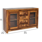 Tile Glass Sheesham Wood Glass Sideboard with wooden tile fitted drawers and 2 glass doors