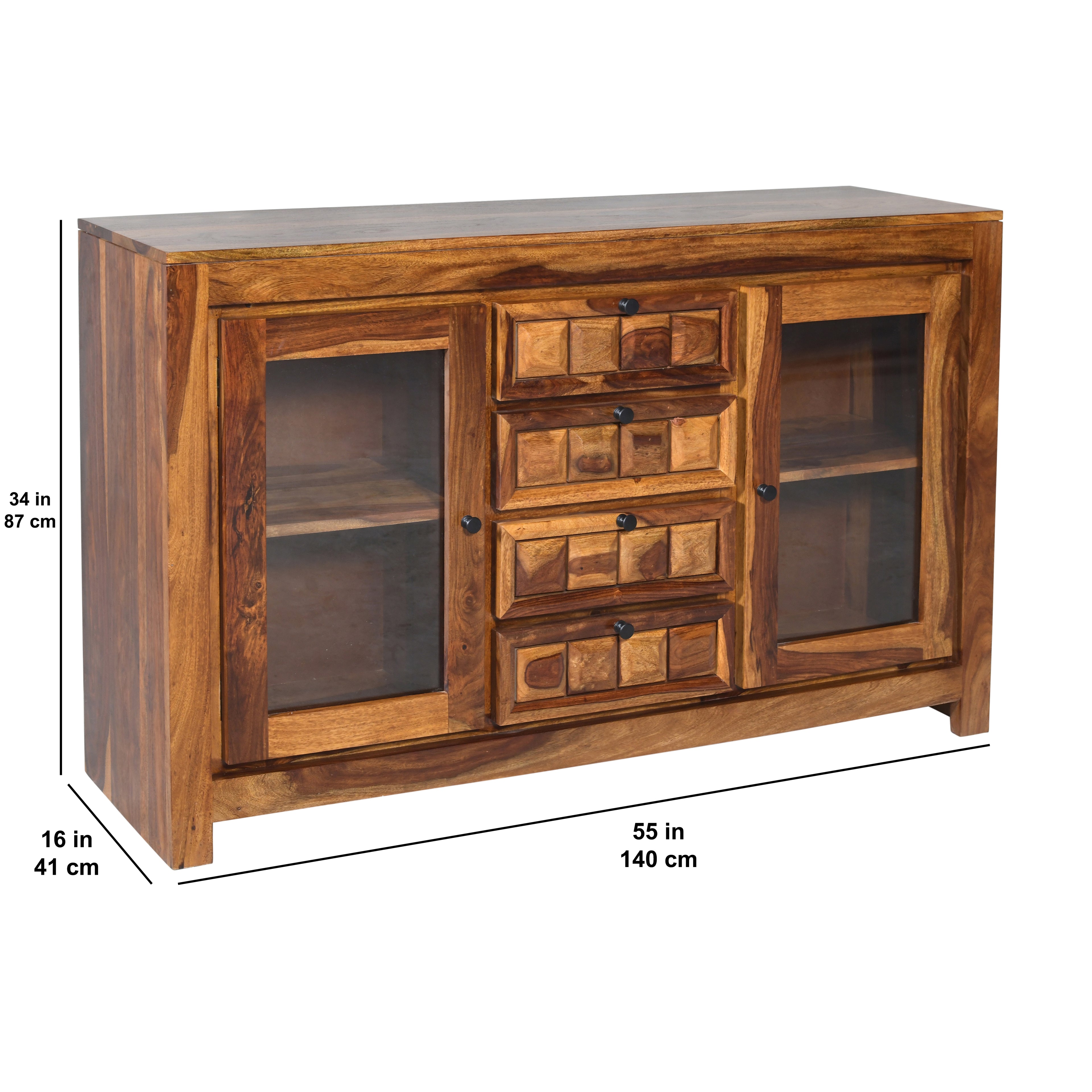 Tile Glass Sheesham Wood Glass Sideboard with wooden tile fitted drawers and 2 glass doors