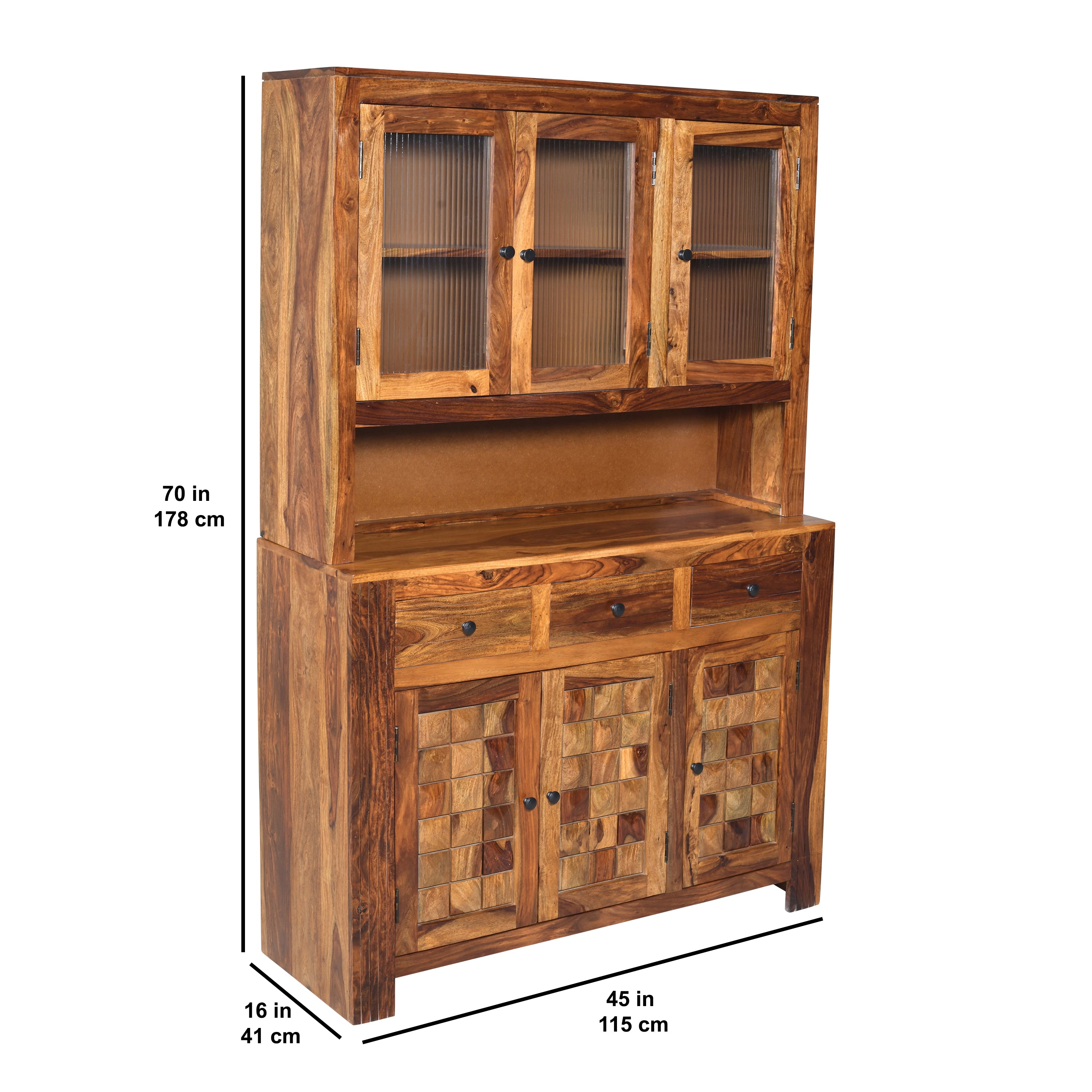 Crockery diamond DS Solid Sheesham Wood Kitchen Hutch Cabinet Diamond design with Glass doors